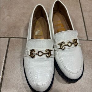 White Textured Loafers with Gold Accents